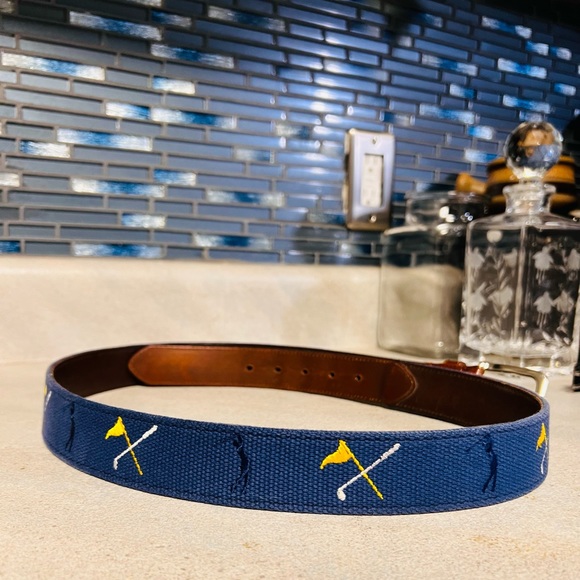 NWT Jos A Bank 46 blue golf theme woven cotton leather accent casual belt - Picture 3 of 7